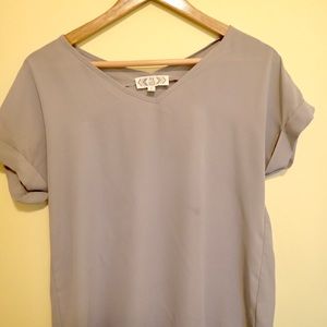 Gray Chiffon Loose Fitted T-Shirt Top, Cuff Sleeve
